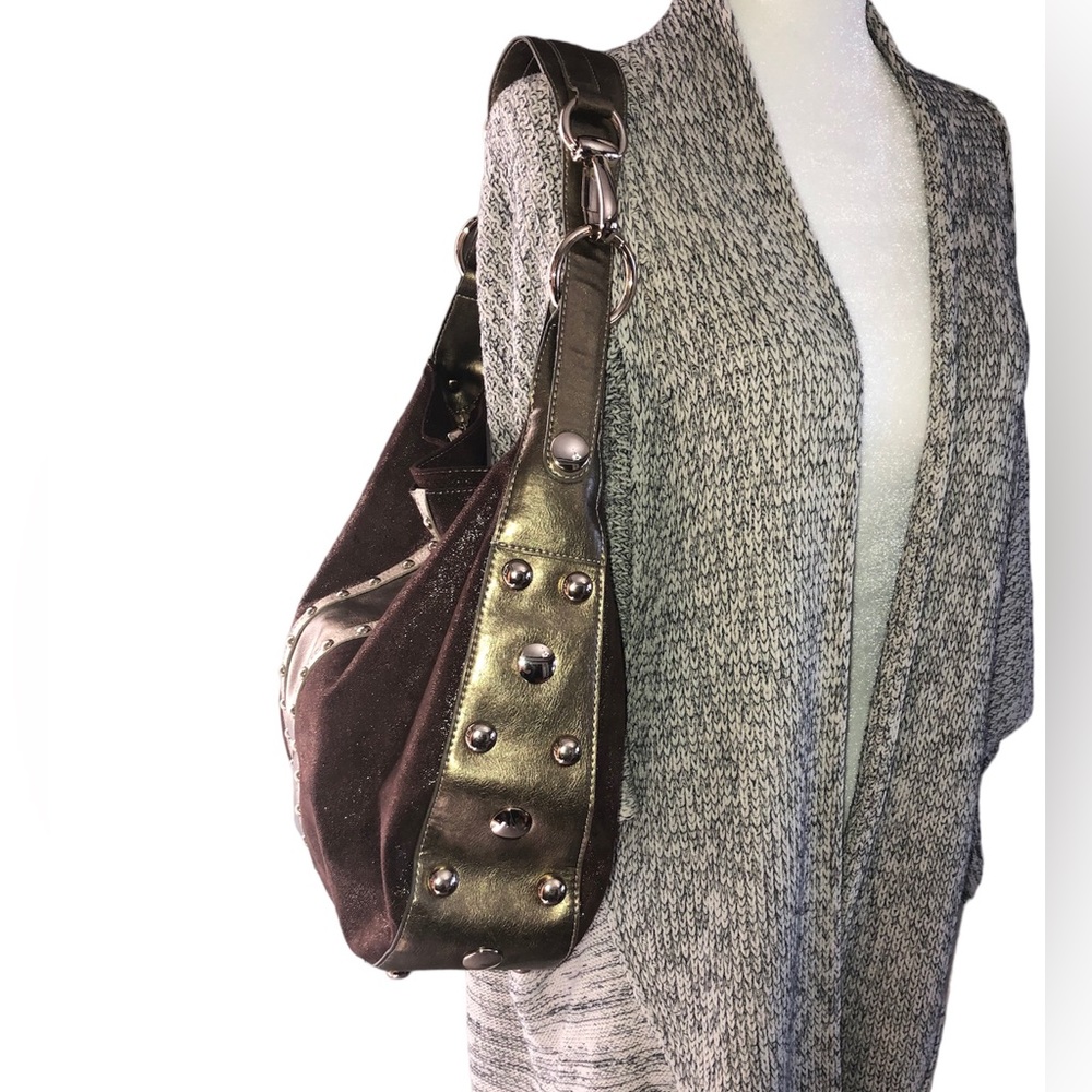Kathy van Zeeland Shoulder Hand Bag Purse Gold faux suede brown Glam slouch hobo - Picture 5 of 13